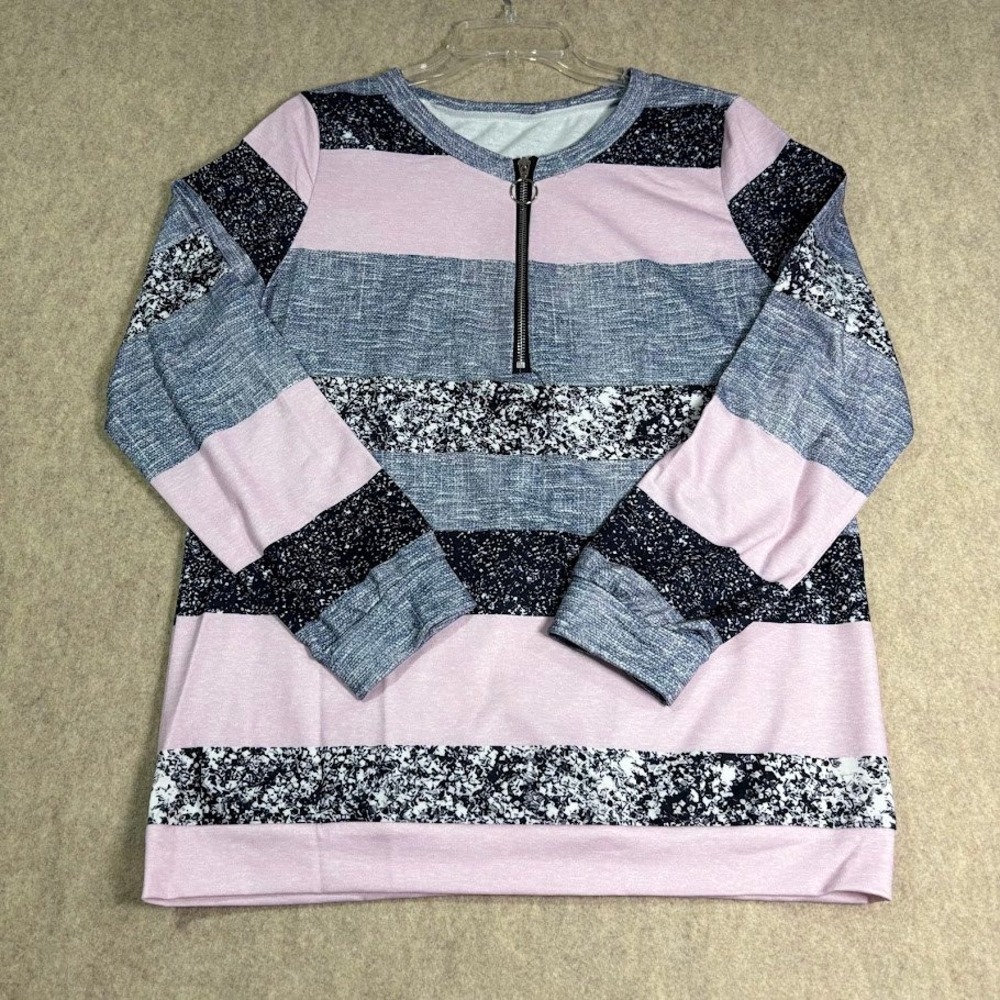 Striped Long Sleeve Quarter Zip Pullover Womens M Pink Grey Polyester Casual Top